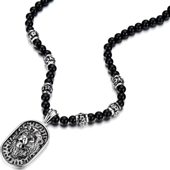 Gothic Style Mens Beads Necklace with Stainless Steel Lion